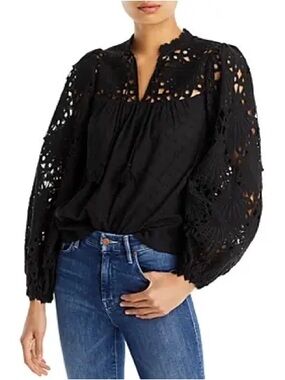 AQUA Black Eyelet Lace Balloon Sleeve Blouse - Size Large